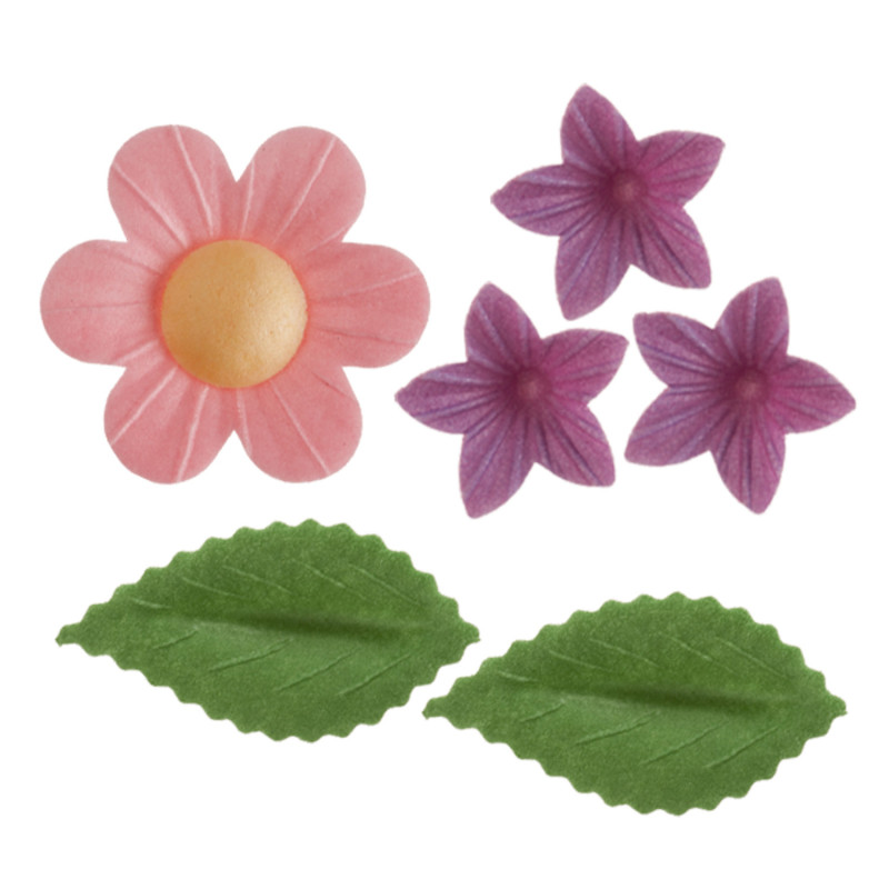 fleurs azyme décoration gâteau 5 fleurs + 25 mini fleurs + 8 feuilles vertes